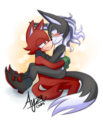 Size: 2480x3000 | Tagged: dnp, safe, artist:ayzachan, gadget the wolf, infinite the jackal, 2019, blushing, duo, flustered, frown, gay, holding each other, kneeling, lidded eyes, looking at each other, rookinite, shipping, signature, sitting, sitting on lap, smile