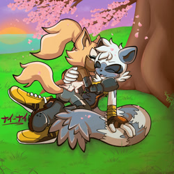 Size: 1920x1920 | Tagged: safe, artist:shad-kun, tangle the lemur, whisper the wolf, 2022, abstract background, cherry blossom petals, cherry blossom tree, cute, duo, eyes closed, grass, holding each other, kiss on cheek, lesbian, outdoors, shipping, signature, smile, sunset, tangabetes, tangle x whisper, tree, under a tree, water, whispabetes