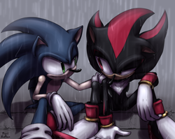 Size: 1680x1340 | Tagged: safe, artist:royalbootlace, shadow the hedgehog, sonic the hedgehog, 2019, comforting, duo, floppy ear, gay, gradient background, hand on shoulder, looking at each other, outdoors, rain, shadow x sonic, shipping, signature, sitting, smile, wet