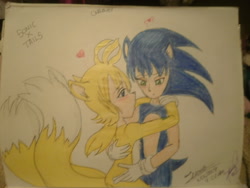 Size: 1600x1200 | Tagged: safe, artist:caretix, miles "tails" prower, sonic the hedgehog, human, 2011, blushing, duo, eye clipping through hair, eyebrow clipping through hair, gay, heart, holding each other, humanized, looking at them, looking down, shipping, sonic x tails, traditional media