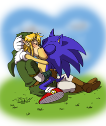 Size: 1081x1278 | Tagged: safe, artist:rockgaara, sonic the hedgehog, 2011, abstract background, blushing, crossover, crossover shipping, daytime, duo, eyes closed, gay, grass, heart, holding each other, link (loz), link x sonic, outdoors, shipping, signature, sitting, sitting on lap