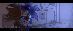 Size: 750x323 | Tagged: safe, artist:skull-keeta-art, shadow the hedgehog, sonic the hedgehog, 2023, abstract background, border, comforting, crying, duo, gay, hugging, indoors, shadow x sonic, shipping, signature, standing, tears