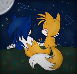 Size: 1260x1200 | Tagged: safe, artist:galaxyworld77, miles "tails" prower, sonic the hedgehog, 2023, abstract background, blushing, constellation, duo, gay, grass, heart, holding hands, moon, nighttime, outdoors, shipping, signature, sitting, sonic x tails, star (sky), stargazing