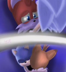 Size: 1080x1170 | Tagged: safe, artist:chaton150, miles "tails" prower, nine, sonic the hedgehog, sonic prime, 2024, comforting, crying, duo, eyes closed, frown, hugging, redraw, sad