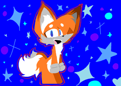 Size: 1036x742 | Tagged: safe, artist:zzzleepi, miles "tails" prower, 2024, beanbrows, blue background, eyebrow clipping through hair, fangs, flat colors, freckles, heart, mouth open, outline, simple background, smile, solo, sparkles, standing