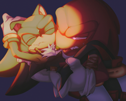 Size: 1659x1332 | Tagged: safe, artist:arcana-coelestia, knuckles the echidna, shadow the hedgehog, 2024, carrying them, duo, eyes closed, floppy ear, frown, gay, knuxadow, light, looking at them, mouth open, purple background, shipping, simple background, standing, sweatdrop