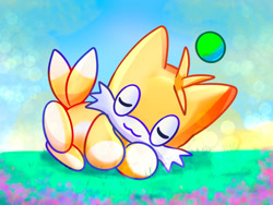 Size: 1280x960 | Tagged: safe, artist:angelrosestar, chao, 2024, :3, abstract background, chaobetes, character chao, cute, eyes closed, lying down, lying on side, smile, solo, tails chao