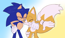 Size: 4367x2591 | Tagged: safe, artist:smugperson, miles "tails" prower, sonic the hedgehog, 2024, arm around shoulders, clenched fist, clenched fists, clenched teeth, duo, eyes closed, gradient background, looking at them, one eye closed, semi-transparent background, signature, smile, standing