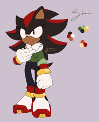 Size: 2821x3471 | Tagged: safe, artist:smugperson, shadow the hedgehog, 2024, alternate outfit, character name, clothes, flat colors, frown, gender swap, grey background, jacket, looking offscreen, signature, simple background, solo, standing