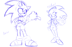 Size: 1338x883 | Tagged: safe, artist:smugperson, sonic the hedgehog, 2022, design comparison, duality, duo, english text, gender swap, line art, self paradox, simple background, sketch, standing, white background