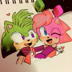 Size: 3024x3024 | Tagged: safe, artist:tinasara09, manik the hedgehog, sonia the hedgehog, 2023, brother and sister, cute, duo, heart, looking at them, looking at viewer, manikbetes, mouth open, siblings, signature, smile, soniabetes, traditional media, wink