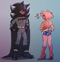 Size: 1983x2048 | Tagged: safe, artist:shrcoal, amy rose, shadow the hedgehog, sonic x dc, batman, cosplay, wonder woman