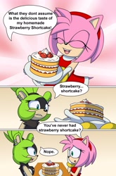 Size: 2063x3131 | Tagged: safe, artist:sonicguru, amy rose, surge the tenrec, comic, strawberry, strawberry shortcake (food)