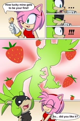 Size: 2063x3131 | Tagged: safe, artist:sonicguru, amy rose, surge the tenrec, strawberry, strawberry shortcake (food)