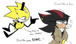 Size: 895x520 | Tagged: safe, artist:bubblgsth, shadow the hedgehog, sonic the hedgehog, 2024, bill cipher, cosplay, crossover, duo, english text, ford pines, gay, gravity falls, shadow x sonic, shipping