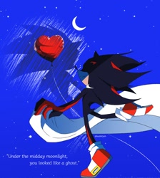 Size: 1080x1204 | Tagged: safe, artist:bubblgsth, shadow the hedgehog, sonic the hedgehog, balloon, blue background, duo, english text, heart, moon, shadow x sonic, shipping, song lyrics, star (sky)