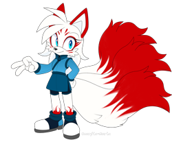 Size: 2420x2000 | Tagged: safe, artist:omorfia-moria, oc, 2024, blue eyes, clothes, female, flat colors, hand on hip, japanese clothes, kitsune, looking at viewer, oc only, red fur, shoes, simple background, smile, solo, standing, three tails, transparent background, unknown oc, v sign, white fur