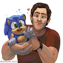 Size: 1150x1150 | Tagged: safe, artist:luciacas_tillo, sonic the hedgehog, tom wachowski, human, sonic the hedgehog (2020), 2024, duo, heart, simple background, white background