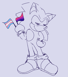 Size: 647x731 | Tagged: safe, artist:enbyshadow, sonic the hedgehog, ask response, bisexual, bisexual pride, eyes closed, flag, grey background, hand on hip, holding something, line art, pride, pride flag, simple background, smile, solo, standing, trans male, trans pride, transgender