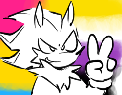 Size: 430x336 | Tagged: safe, artist:fortrustory, shadow the hedgehog, cute, icon, looking offscreen, monochrome, nonbinary, nonbinary pride, pansexual, pansexual pride, pride, pride flag background, shadowbetes, smile, solo, solo nonbinary, v sign