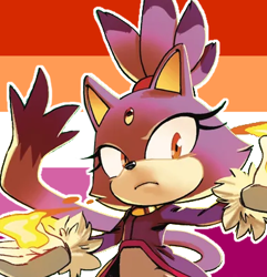 Size: 382x397 | Tagged: safe, artist:enbyshadow, blaze the cat, edit, frown, icon, lesbian, lesbian pride, looking at viewer, outline, pride, pride flag background, solo