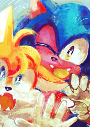 Size: 2048x2897 | Tagged: safe, artist:toadstool32, miles "tails" prower, sonic the hedgehog, duo, fangs, looking at viewer, mouth open, paintwork, signature, smile, traditional media, waving, wink