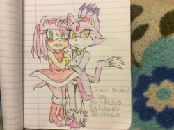 Size: 2592x1936 | Tagged: safe, artist:mikaylabrathwaite, amy rose, blaze the cat, 2018, amy x blaze, blushing, crying, duo, english text, frown, holding hands, lesbian, lined paper, looking at viewer, protecting, scared, shipping, signature, standing, tears, tears of fear, traditional media