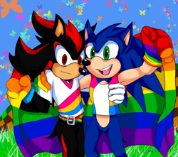 Size: 3570x3150 | Tagged: safe, artist:mslunarumbreon, shadow the hedgehog, sonic the hedgehog, green hill zone, 2024, abstract background, alternate outfit, bug, butterfly, daytime, duo, gay, gay pride, grass, holding something, looking at viewer, outdoors, pansexual, pansexual pride, pride, pride flag, shadow x sonic, shipping, smile, standing