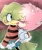 Size: 1116x1331 | Tagged: safe, artist:ktt_nsurgelover, amy rose, tekno the canary, 2024, abstract background, duo, eyes closed, fleetway amy, heart, holding them, kiss on cheek, lesbian, looking at them, outline, shipping, skirt, smile, standing, teknamy