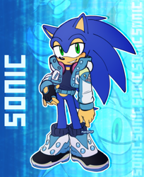 Size: 1605x1965 | Tagged: safe, artist:pukopop, sonic the hedgehog, hedgehog, aoba seragaki, blue fur, cosplay, dramatical murder, green eyes, headphones, jacket, leg warmers, male, shirt, shoes, single fingerless glove