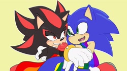 Size: 2048x1152 | Tagged: safe, artist:koudoku-chan, shadow the hedgehog, sonic the hedgehog, 2023, duo, gay, gay pride, holding each other, holding something, looking at each other, pride, pride flag, shadow x sonic, shipping, simple background, smile, yellow background