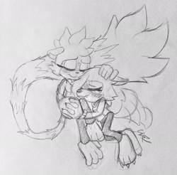 Size: 2048x2018 | Tagged: safe, artist:sonicrelated, tangle the lemur, whisper the wolf, 2023, barefoot, blushing, claws, cute, eyes closed, floppy ears, holding hands, hugging, lesbian, line art, monochrome, paws, pencilwork, shipping, signature, smile, tangabetes, tangle x whisper, traditional media, wagging tail, whispabetes