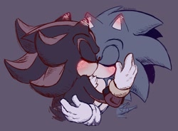 Size: 1949x1434 | Tagged: safe, artist:ciaoodee, shadow the hedgehog, sonic the hedgehog, 2024, blushing, blushing ears, bust, eyes closed, gay, holding each other, kiss, purple background, shadow x sonic, shipping, signature, simple background, wagging tail