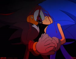 Size: 1920x1500 | Tagged: safe, artist:candyypirate, shadow the hedgehog, sonic the hedgehog, 2024, alternate universe, au:game on (candyypirate), black background, bleeding, blood, duo, frown, gay, glowing eyes, hands together, shadow x sonic, shipping, signature, simple background, standing