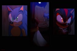 Size: 1600x1053 | Tagged: semi-grimdark, artist:candyypirate, shadow the hedgehog, sonic the hedgehog, 2023, abstract background, alternate universe, au:game on (candyypirate), blood, blood stain, clenched teeth, comic, dark, duo, frown, glowing eyes, nighttime