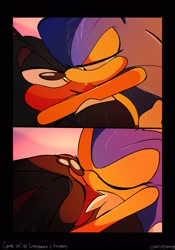 Size: 1433x2048 | Tagged: safe, artist:candyypirate, shadow the hedgehog, sonic the hedgehog, 2024, abstract background, alternate universe, au:game on (candyypirate), comic, daytime, duo, eyes closed, gay, holding each other, kiss, lidded eyes, looking at each other, outdoors, shadow x sonic, shipping, signature