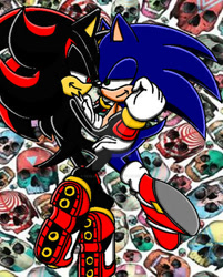 Size: 400x498 | Tagged: safe, artist:thunder-the-mouse, shadow the hedgehog, sonic the hedgehog, abstract background, duo, gay, lidded eyes, shadow x sonic, shipping, skull, smile