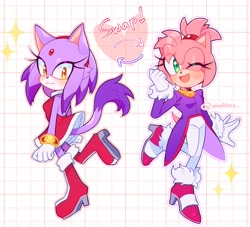 Size: 1563x1419 | Tagged: safe, artist:einelitas, amy rose, blaze the cat, amy's halterneck dress, amybetes, blaze's tailcoat, blazebetes, cute, duo, outfit swap, sparkles