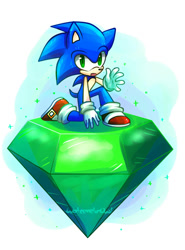 Size: 828x1117 | Tagged: safe, artist:watermelonowl, sonic the hedgehog, hedgehog, blue fur, gloves, green eyes, male, master emerald, shoes, socks