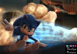 Size: 3000x2100 | Tagged: safe, artist:jocelynminions, sonic the hedgehog, sonic the hedgehog (2020), dust clouds, robot, sliding, solo