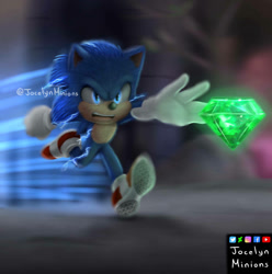 Size: 890x898 | Tagged: safe, artist:jocelynminions, sonic the hedgehog, sonic the hedgehog (2020), chaos emerald, electricity, running, solo