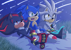 Size: 1024x725 | Tagged: safe, artist:angelofhapiness, shadow the hedgehog, silver the hedgehog, sonic the hedgehog