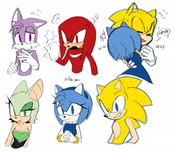 Size: 2048x1785 | Tagged: safe, artist:kou_sonic, amy rose, knuckles the echidna, miles "tails" prower, rouge the bat, 2024, alternate color, crossover, group, hug, inside out, simple background, smile, white background