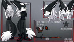 Size: 1192x670 | Tagged: safe, artist:alusniper, infinite the jackal, jackal, black fur, blue eyes, heterochromia, male, shoes, solo, sweater, yellow eyes