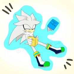 Size: 1377x1377 | Tagged: safe, artist:soramame447_sub, silver the hedgehog, 2023, book, eyes closed, holding something, psychokinesis, smile