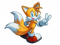 Size: 2048x1536 | Tagged: safe, artist:fronkus123, miles "tails" prower, 2024, looking at viewer, looking back, looking back at viewer, mouth open, simple background, smile, solo, standing, v sign, white background