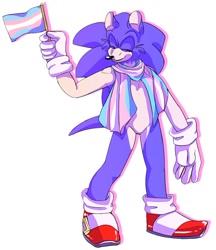 Size: 896x1039 | Tagged: safe, artist:azuredreamrealm, sonic the hedgehog, 2019, alternate outfit, eyes closed, flag, holding something, outline, pride, pride flag, scarf, simple background, smile, solo, standing, trans pride, white background