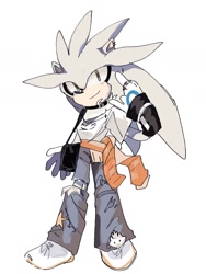 Size: 1080x1440 | Tagged: safe, artist:kinuko4xsn, silver the hedgehog, alternate outfit, clothes, ear piercing, earring, handbag, jacket around waist, pants, ring (jewelry), shirt, simple background, smile, solo, standing, white background