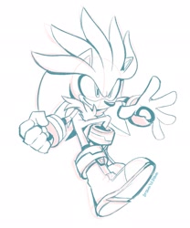 Size: 1703x2048 | Tagged: safe, artist:drawntildawn, silver the hedgehog, hedgehog, 2024, boots, clenched fist, gloves, line art, looking offscreen, reaching out, simple background, sketch, smile, solo, white background