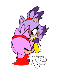 Size: 1280x1280 | Tagged: safe, artist:blaze-the-cat2006, amy rose, blaze the cat, cat, hedgehog, 2024, alternate version, amy x blaze, blushing, duo, female, females only, flat colors, holding them, kiss, lesbian, shipping, simple background, surprise kiss, surprised, transparent background